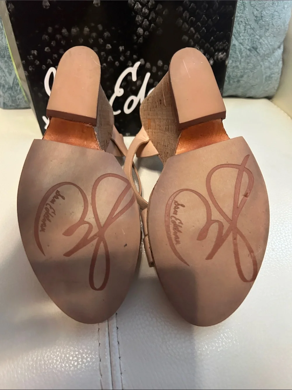 Sam Edelman Blush Tan Leather Cork Wedge Sandals